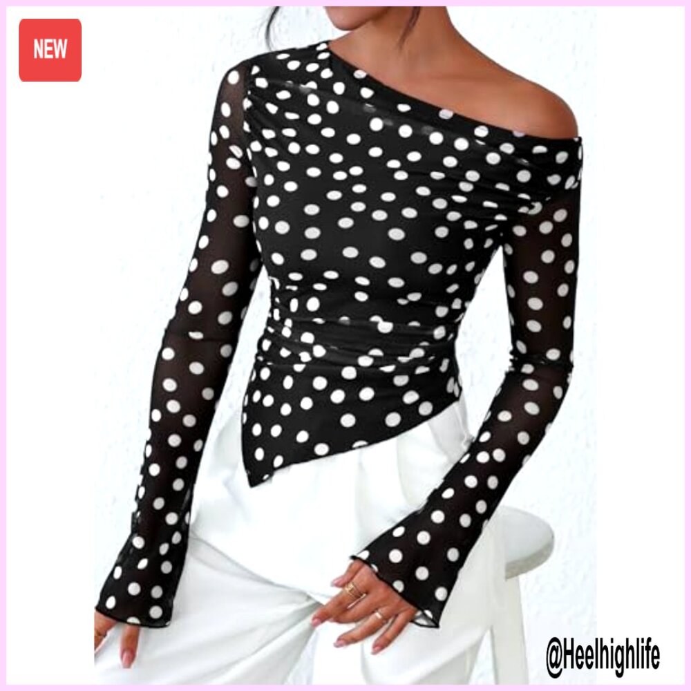 Off Shoulder Mesh Blouse Asymmetrical Ruched Long Sleeve Slim Fit Top - Picture 6 of 7